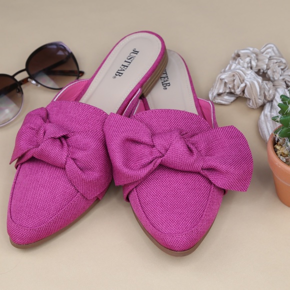 Magenta Pink Slip On Pointed Loafer Flats W/ Bow - Picture 4 of 5
